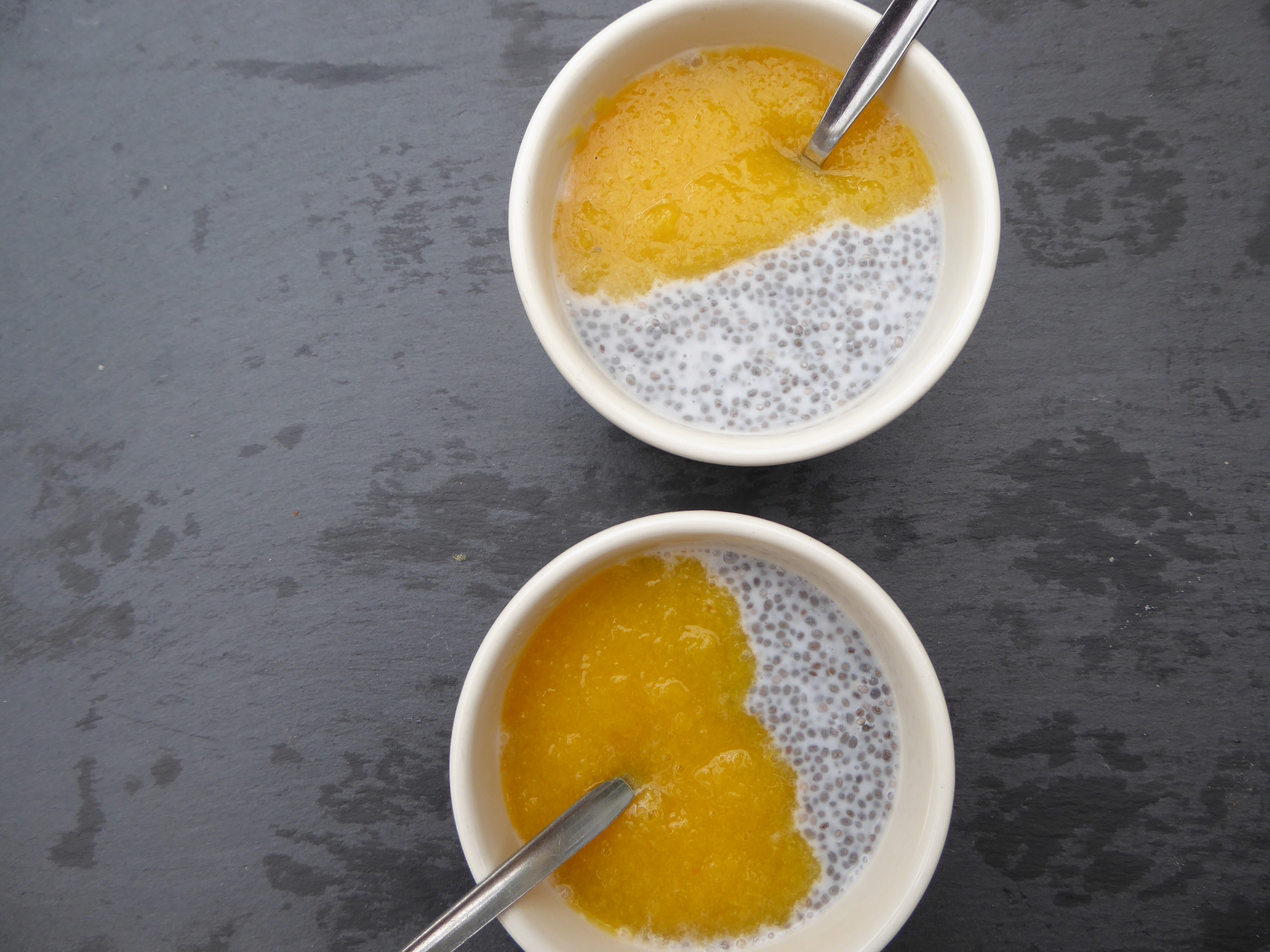 vegan chia pudding with peach puree