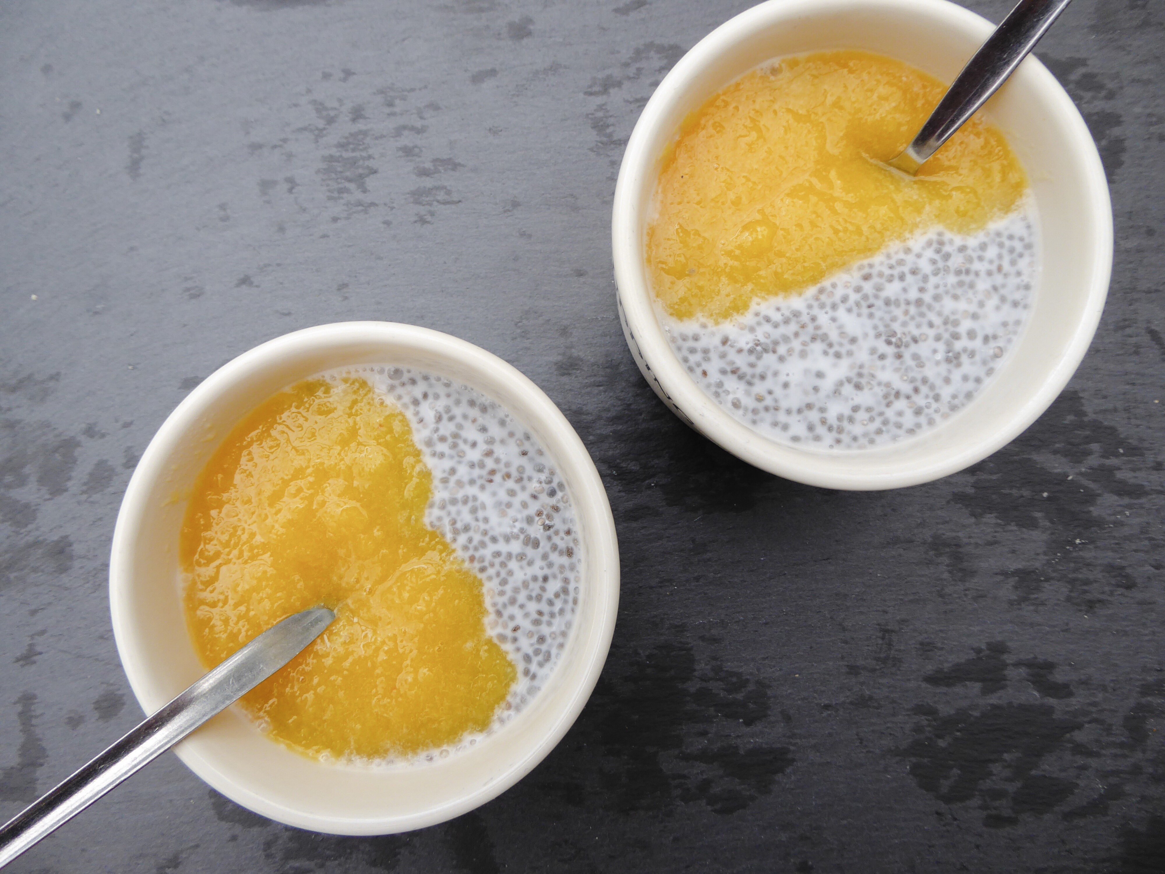 vegan chia pudding with peach puree